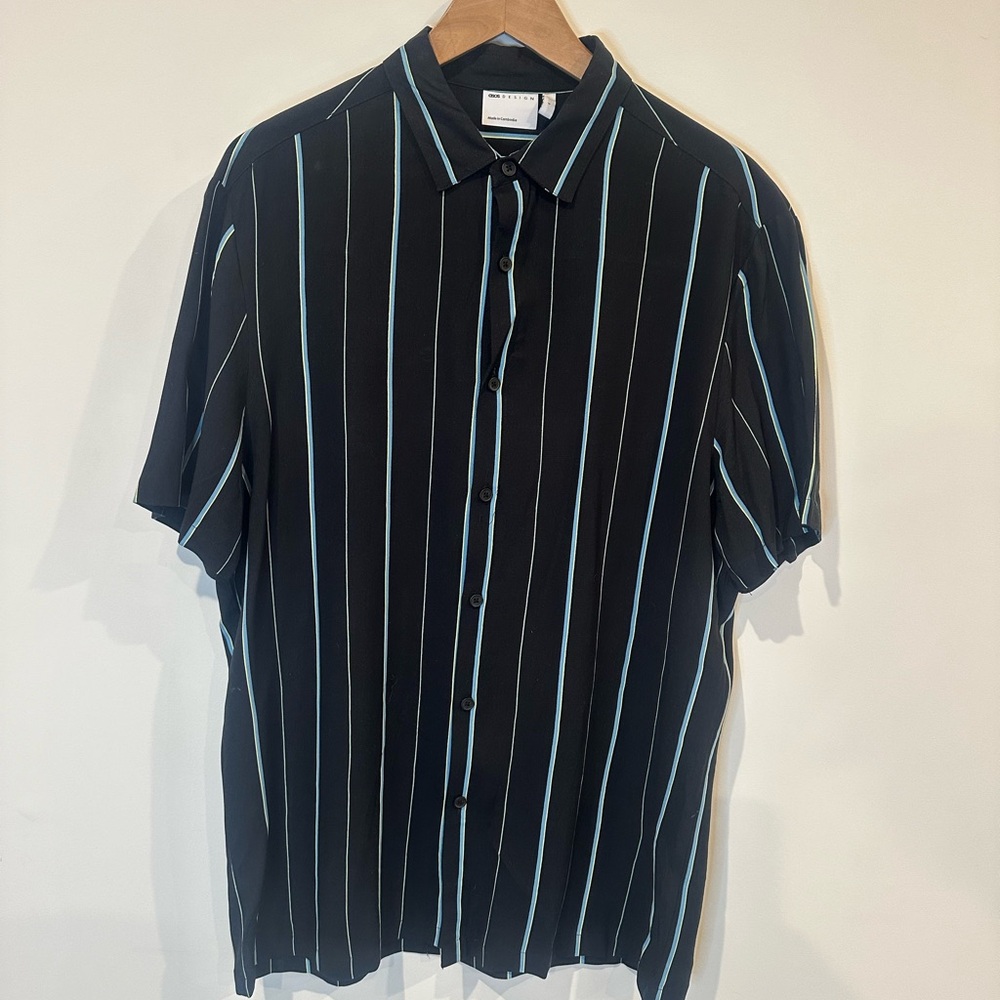 ASOS DESIGN Men's Striped Short Sleeve Button-Up Shirt Black Blue White